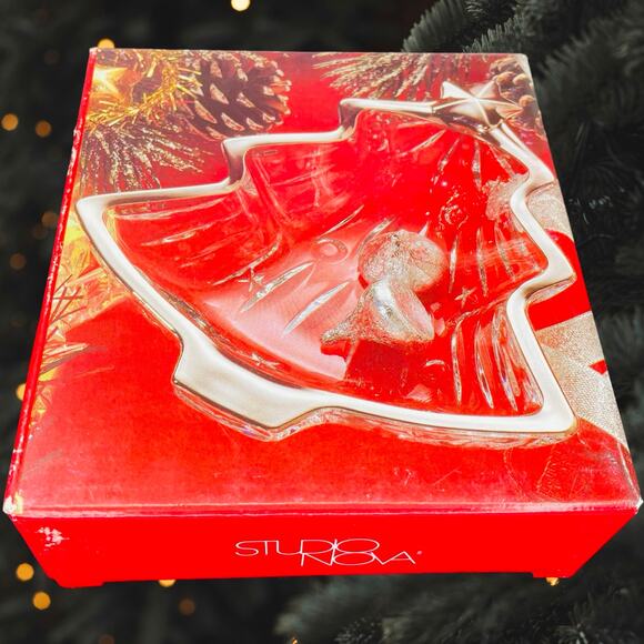 Studio Nova Christmas Tree Glass Dish Silver Trim 6” with Box Holiday Decor - Picture 1 of 8
